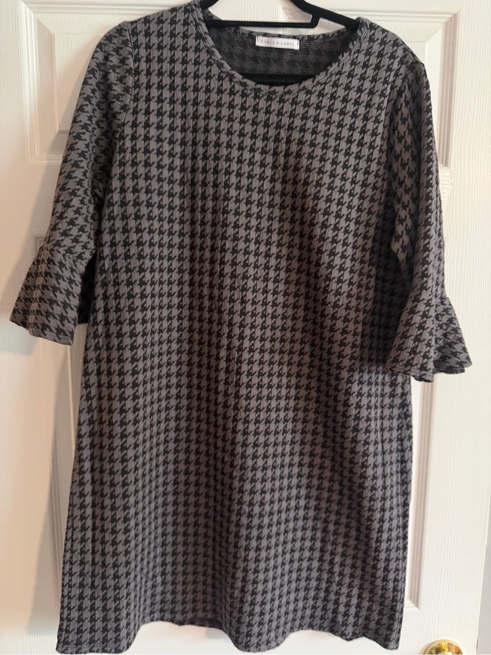 Black and Gray Houndstooth Midi Dress with Fluted Sleeves